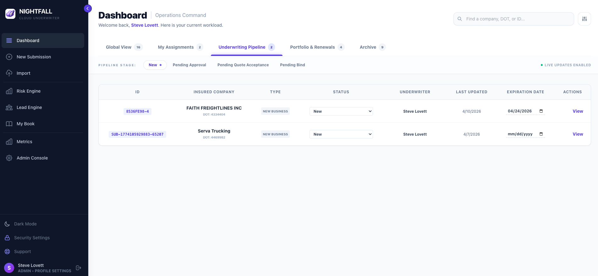 Cloud Underwriter dashboard showing underwriting pipeline with submission tracking, status management, and real-time updates