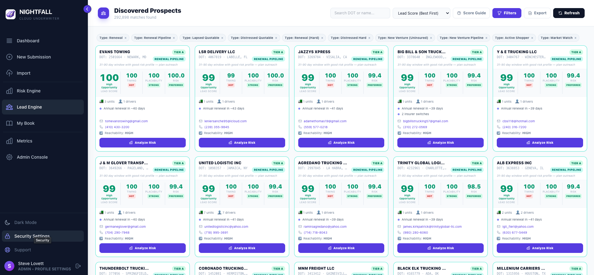 Lead Engine showing 254,000+ discovered prospects with lead scores, timing indicators, placability ratings, and risk assessments