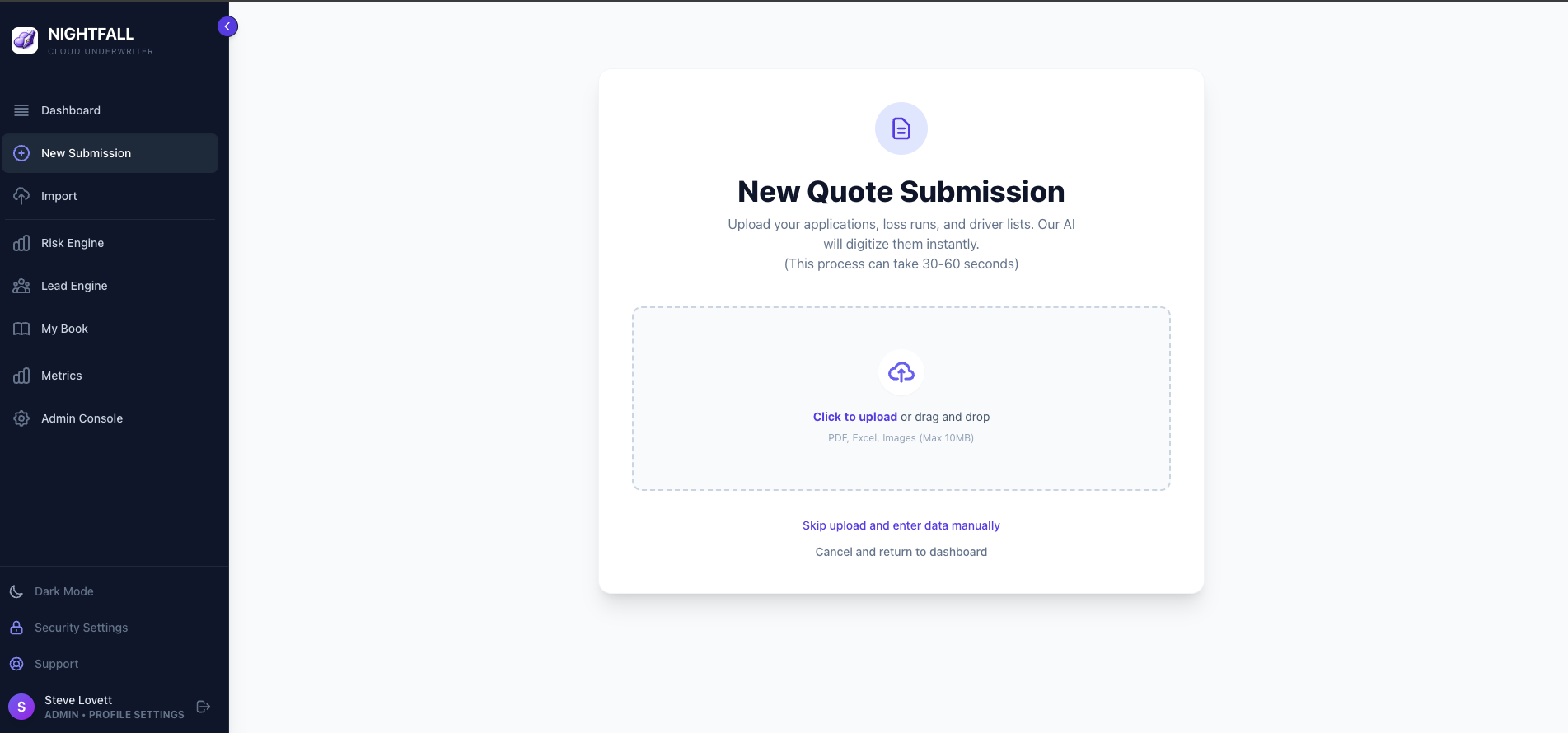AI-powered document upload interface accepting PDF, Excel, and image files with automatic data extraction in 30-60 seconds